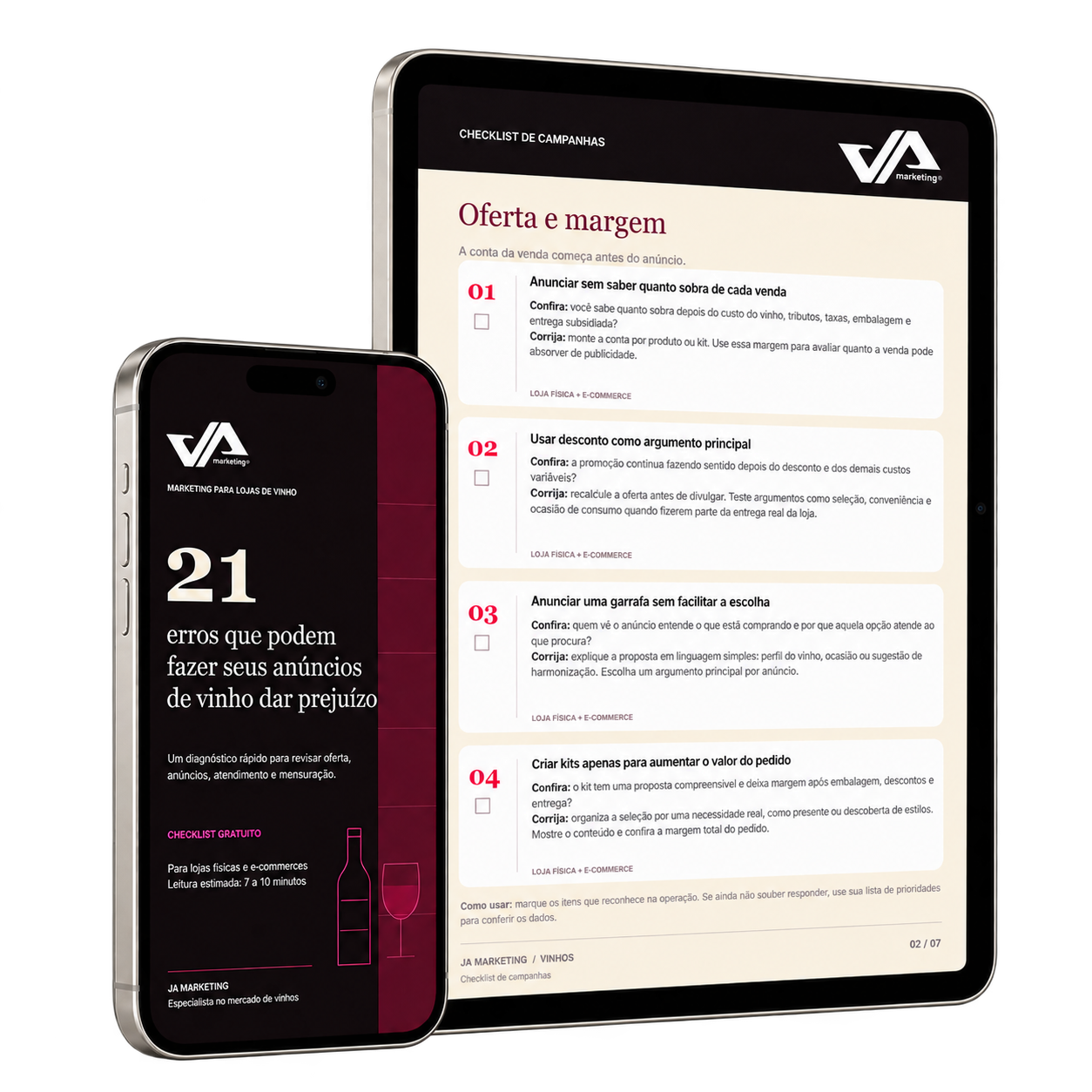 Checklist em PDF da JA Marketing: capa dos 21 erros no iPhone e página de oferta e margem no iPad.