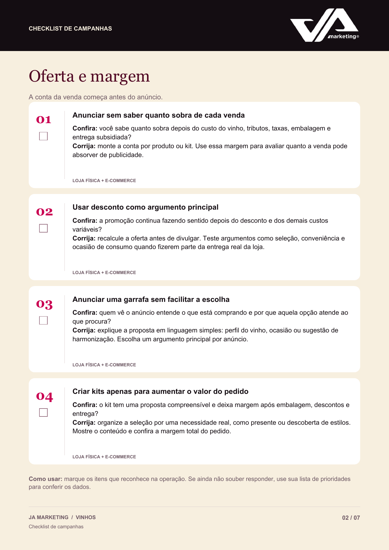 Página real do checklist: oferta e margem, com os erros 01 a 04, checagens e primeiras correções.